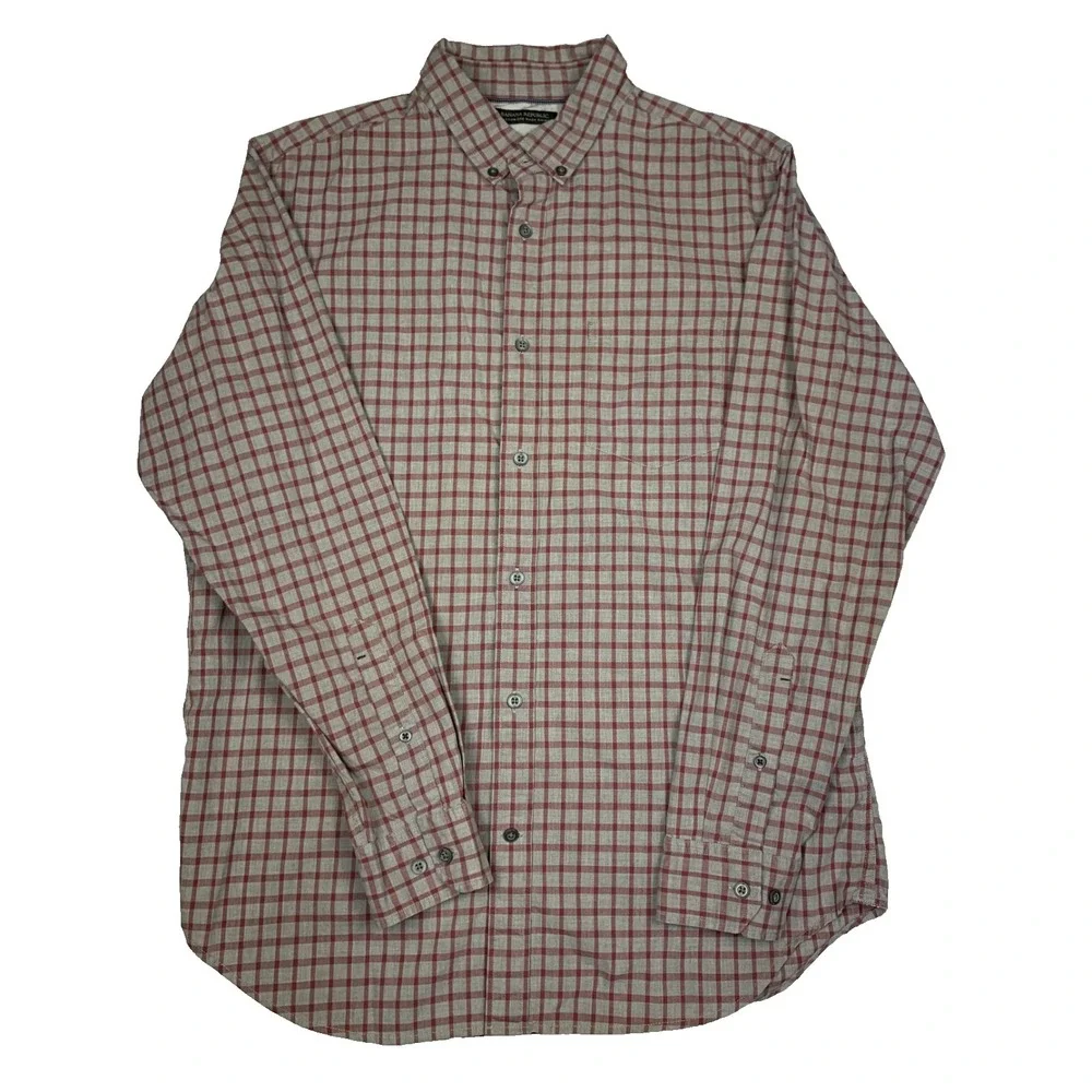 Banana Republic Shirt Mens Large Slim Fit Burgundy Grey Check Custom 078 Wash‎